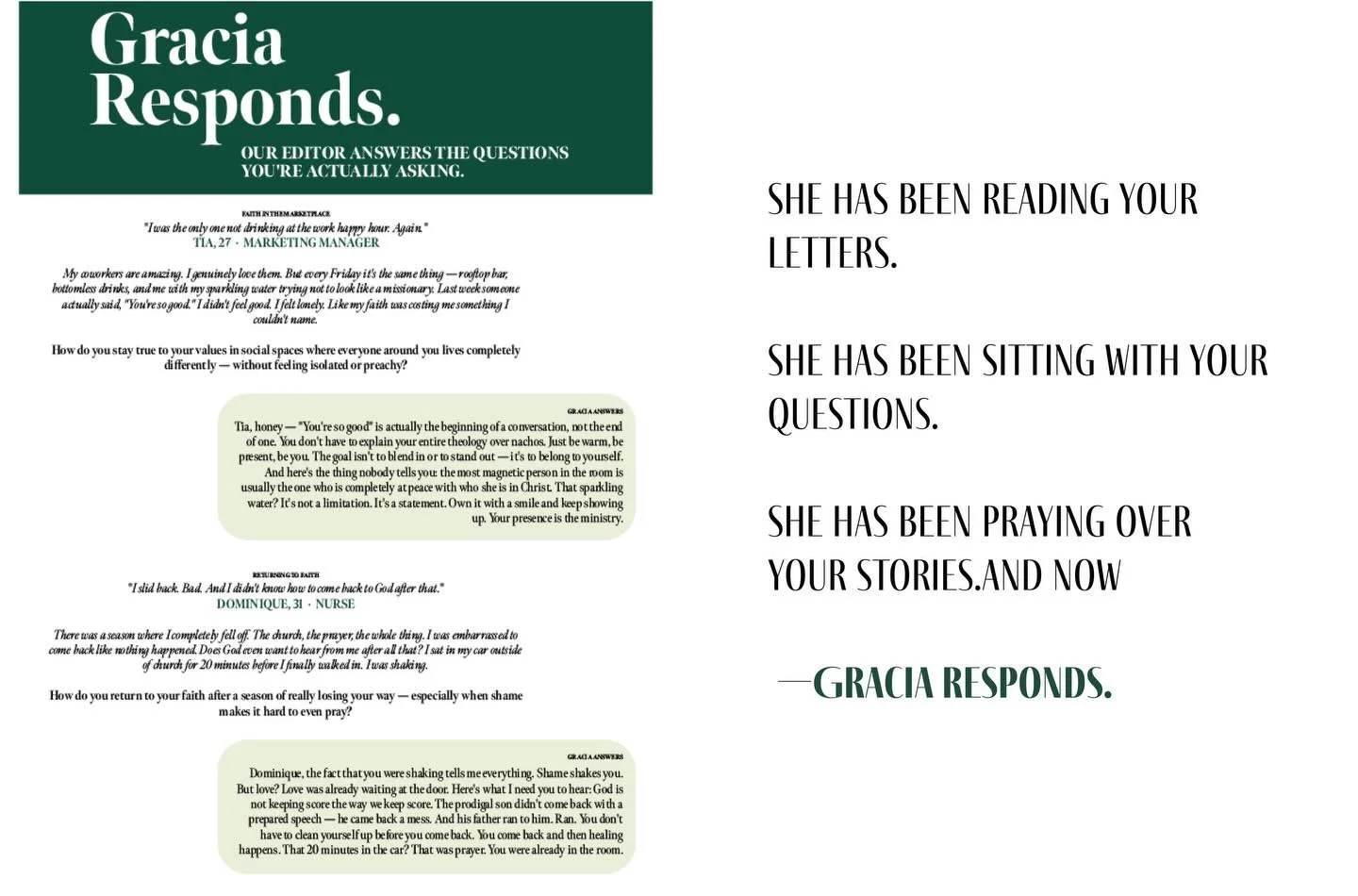 Our editor-in-chief answers the questions you have been carrying &mdash; about faith, fashion, love, heartbreak, the church, the world, and everything in between.
No judgment. No platitudes. No easy answers.
Just grace, truth, and a woman who has bee