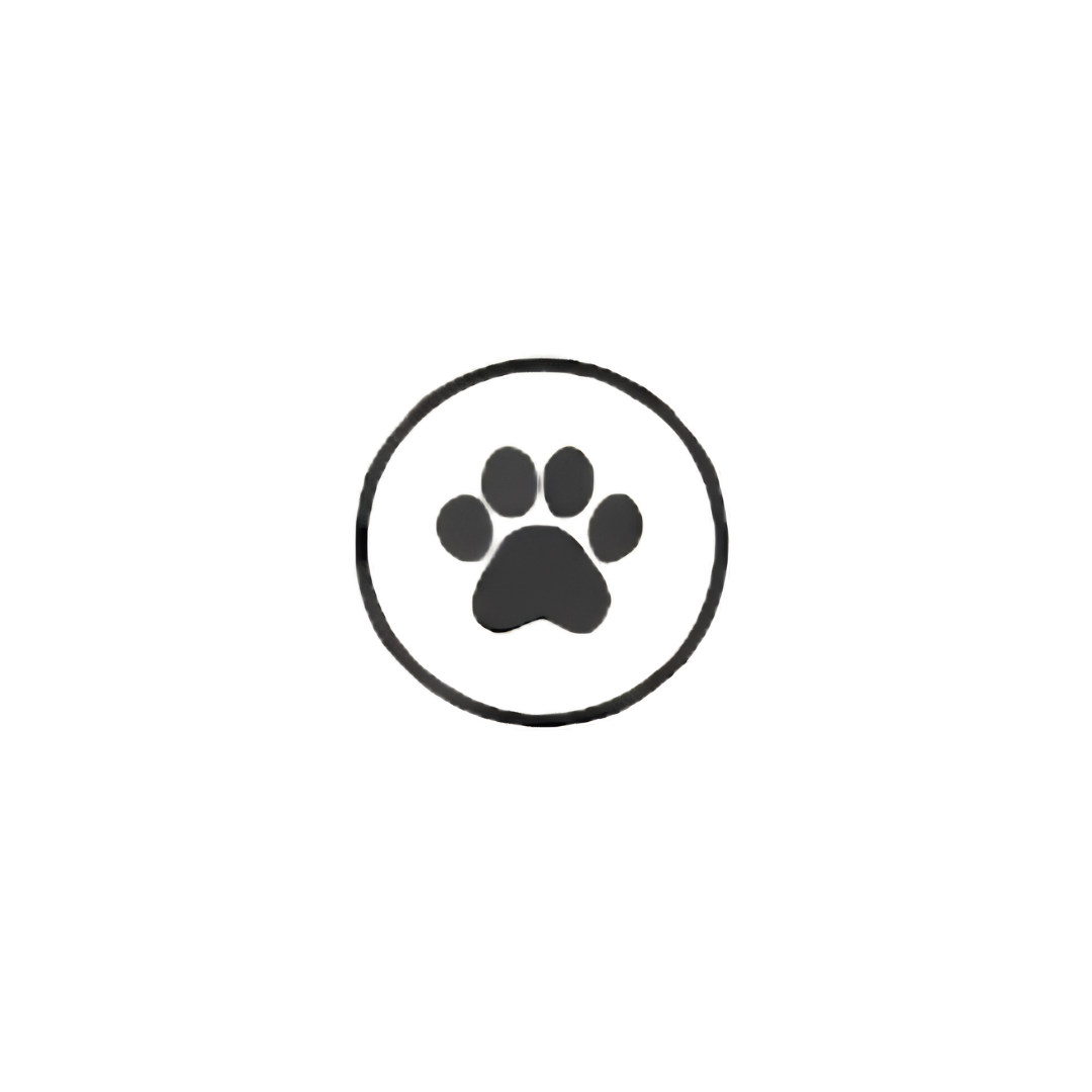 A black and silver paw print emblem inside a circular border, with the paw shape featuring four toes and a pad.