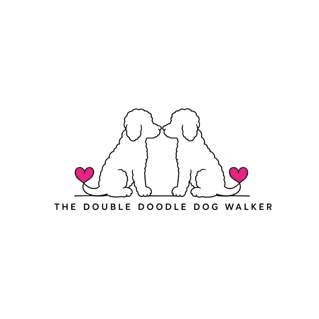 Outline drawing of two cute puppy dogs sitting facing each other with pink hearts at the ends of their tails, and the text "The Double Doodle Dog Walker" below.