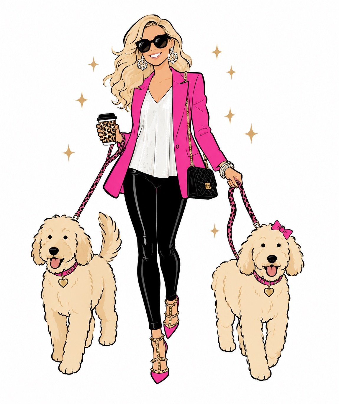 Stylish woman walking two fluffy dogs, holding a coffee cup, wearing sunglasses, pink blazer, white blouse, black pants, pink heels, jewelry, and carrying a black purse, with gold stars in the background.