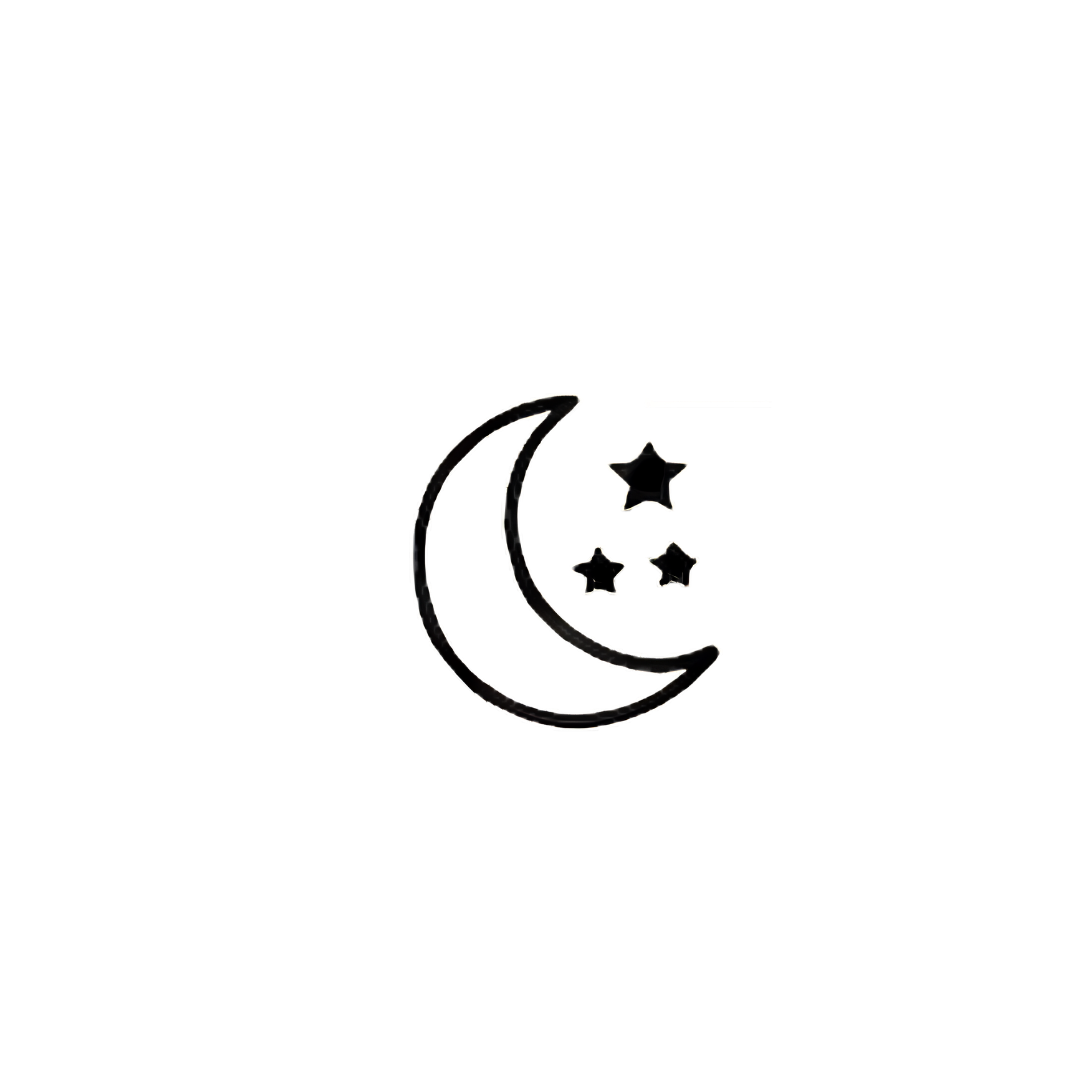 Digital illustration of a crescent moon and three stars with a rainbow trail, against a black background.