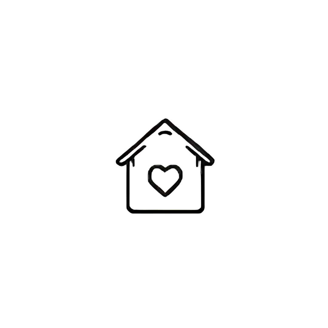 A small house-shaped sign with a black outline, a yellow background, and a blue heart in the center.