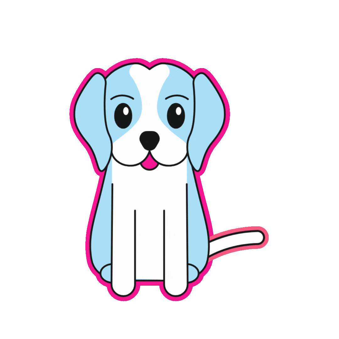 Cartoon illustration of a cute basset hound puppy with a pink background.