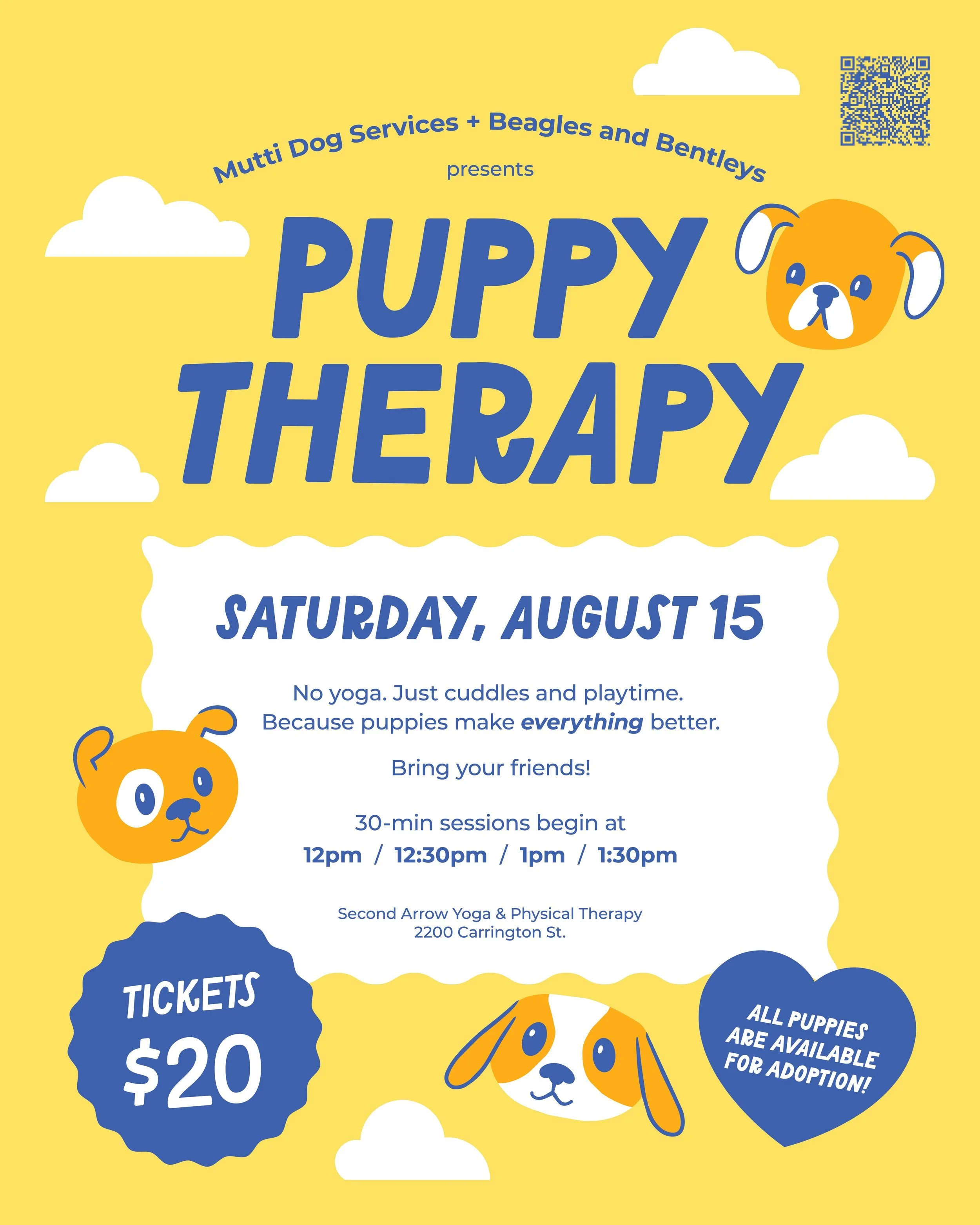 Y'all! It is HAPPENING! Another chance to experience the calming, grounding, happy hormone pumping effects of PUPPY THERAPY!

On Aug. 15, we will be offering 30 min puppy cuddle and playtime sessions at @secondarrowyoga for just $20. There will be fo