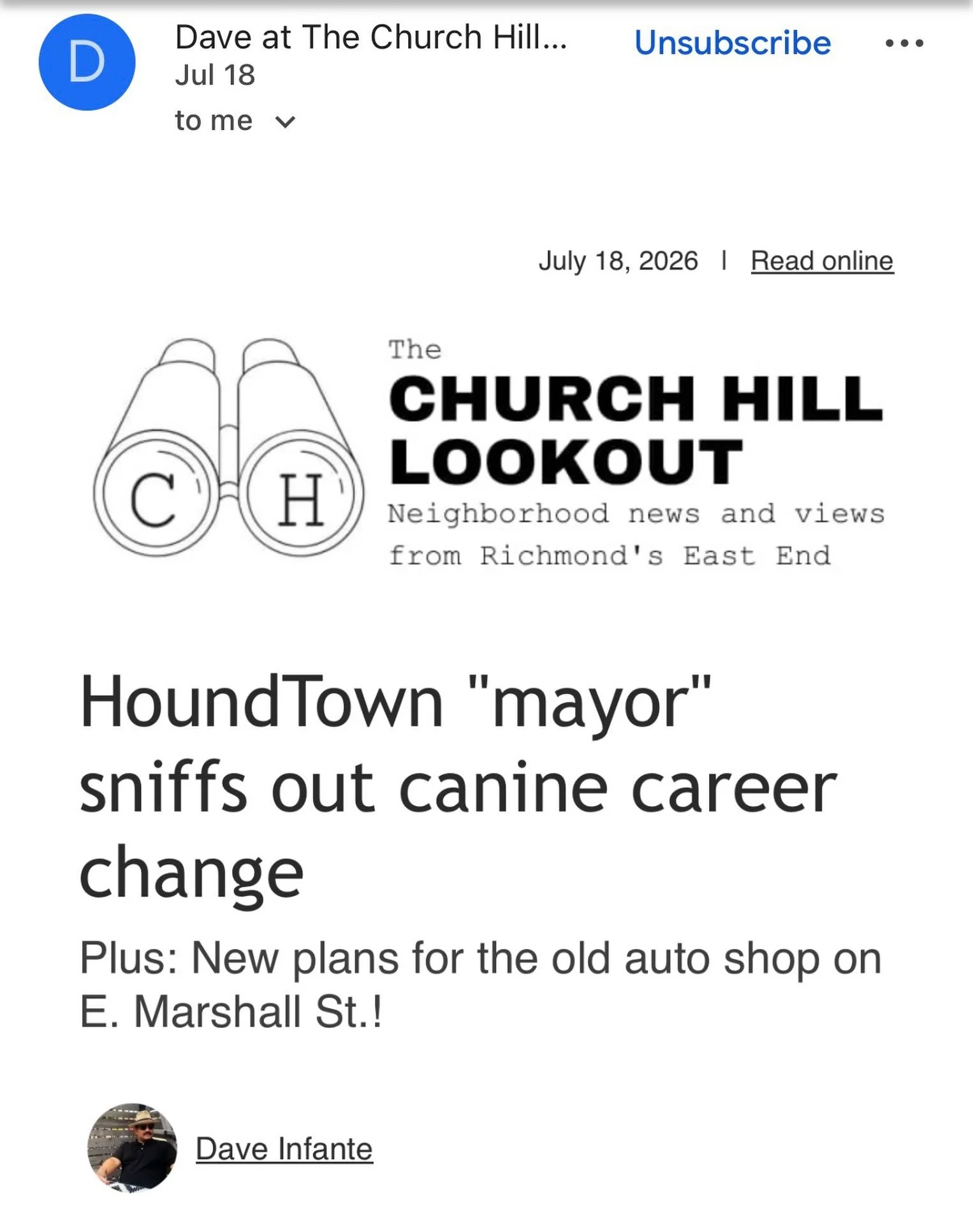 So grateful to @chlookout for the write up in their July 18 newsletter! (Link in bio.) If you live in Church Hill you should 💯subscribe for the latest neighborhood news and happenings!! #churchhill #interview #doglife