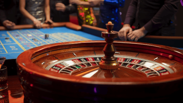 A roulette wheel in a casino with people playing in the background.