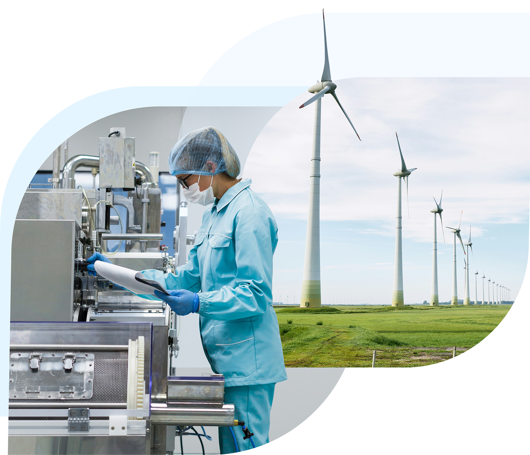 Scientist working on a machine outdoors with wind turbines in the background.