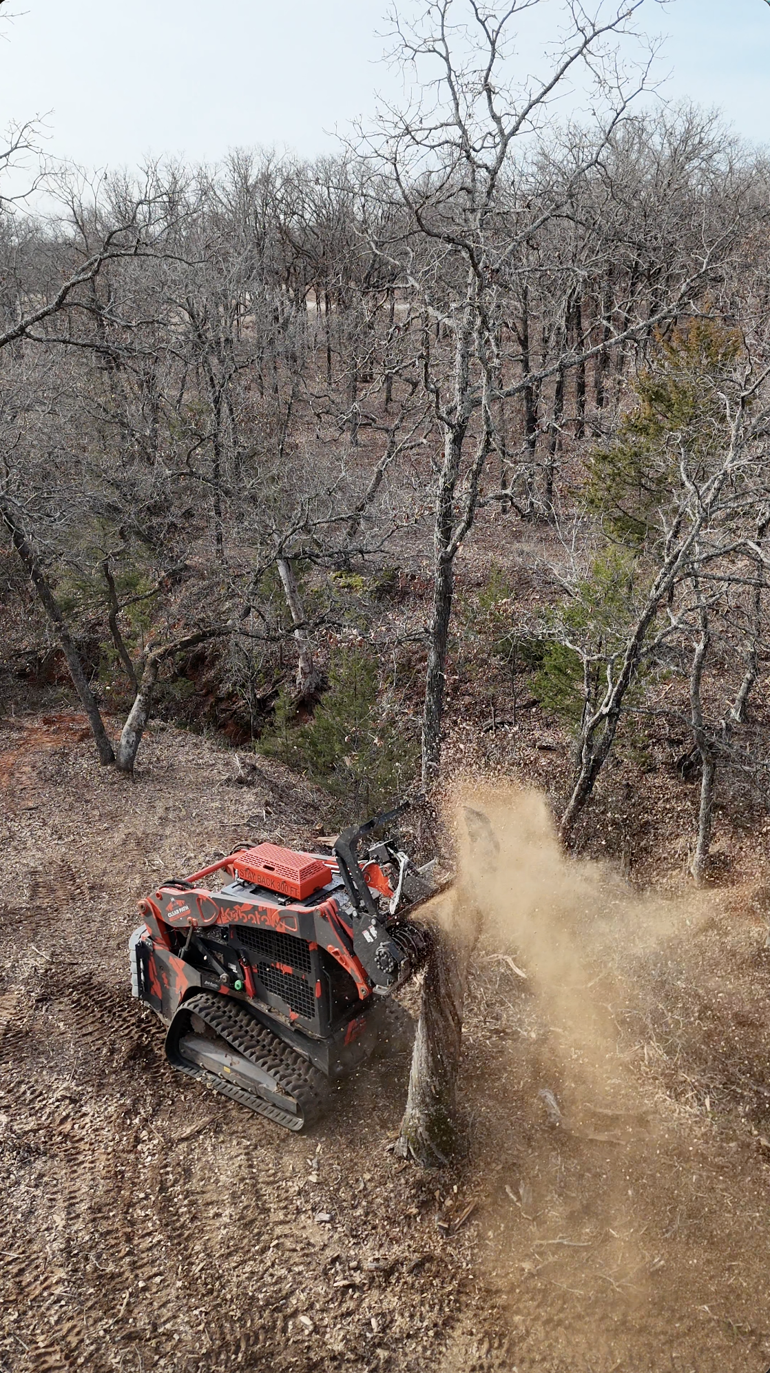 A skid-steer loader clearing tree stump and dirt in a wooded area with leafless trees behind.