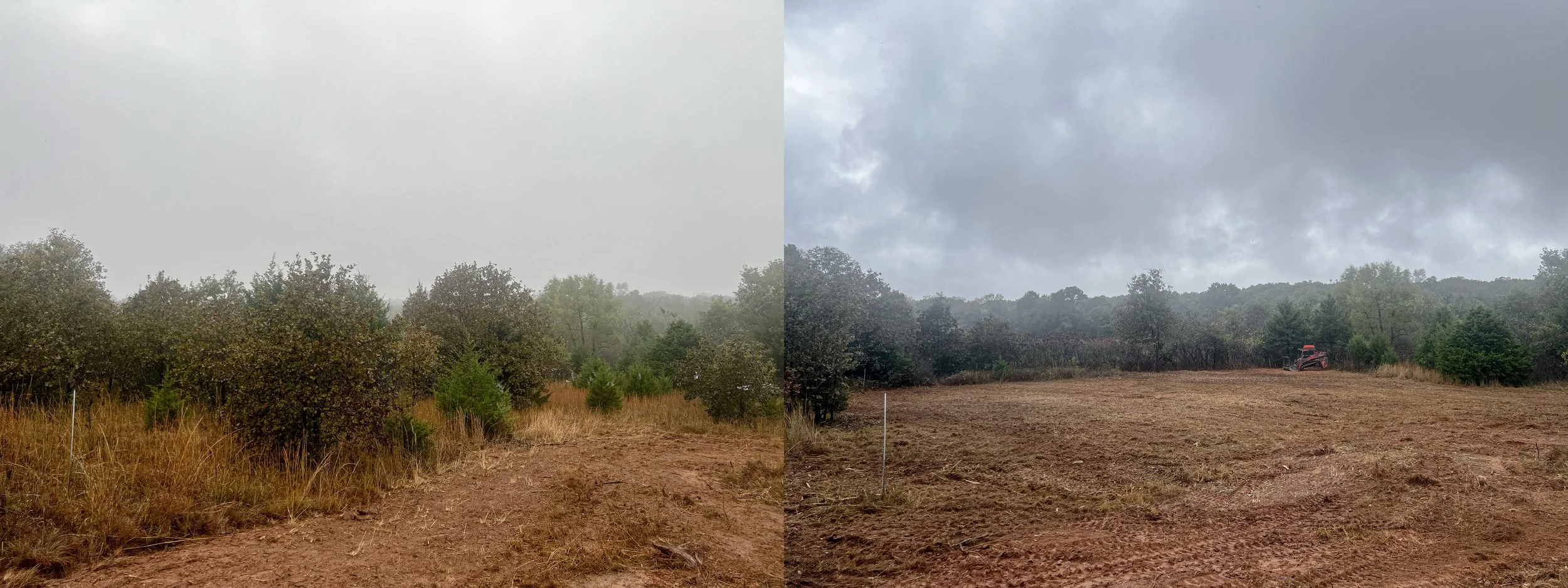 Comparison of a foggy landscape with trees and soil, showing the same scene before and after clearing the land, with a tractor on the cleared side.
