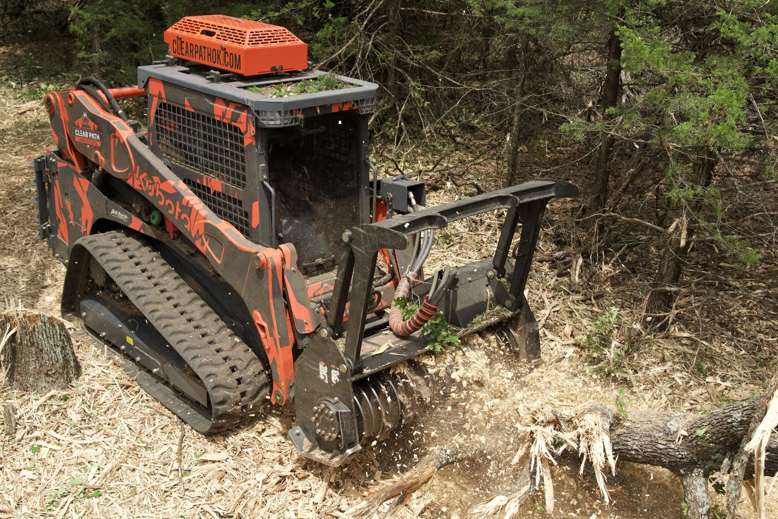 A compact tracked forestry mulcher clearing brush and small trees in a wooded area.