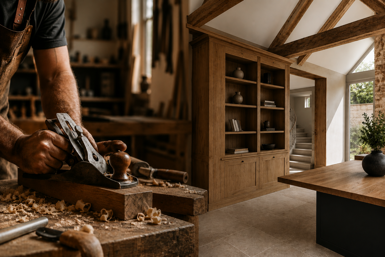 Binnenkant van een houtwerkplaats met een man die hout bewerkt en een houten kast in de achtergrond.