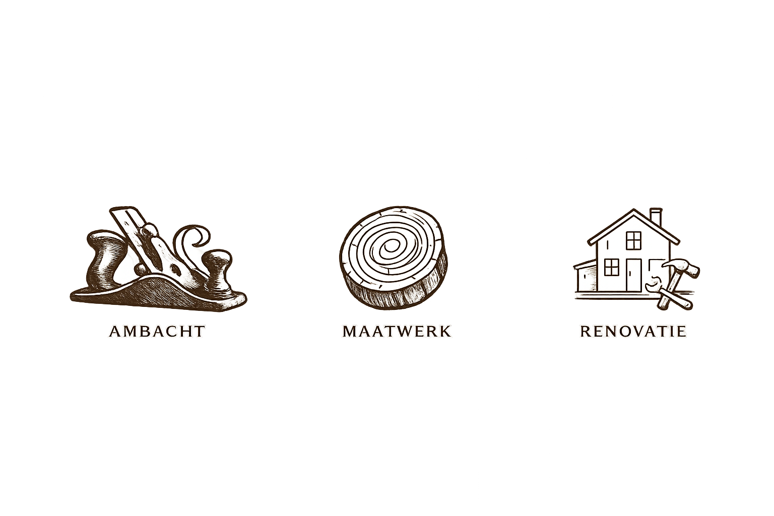 Illustraties van een schaaf, een houten stam en een huis met gereedschap, met de woorden 'Ambacht', 'Maatwerk', en 'Renovatie' eronder.