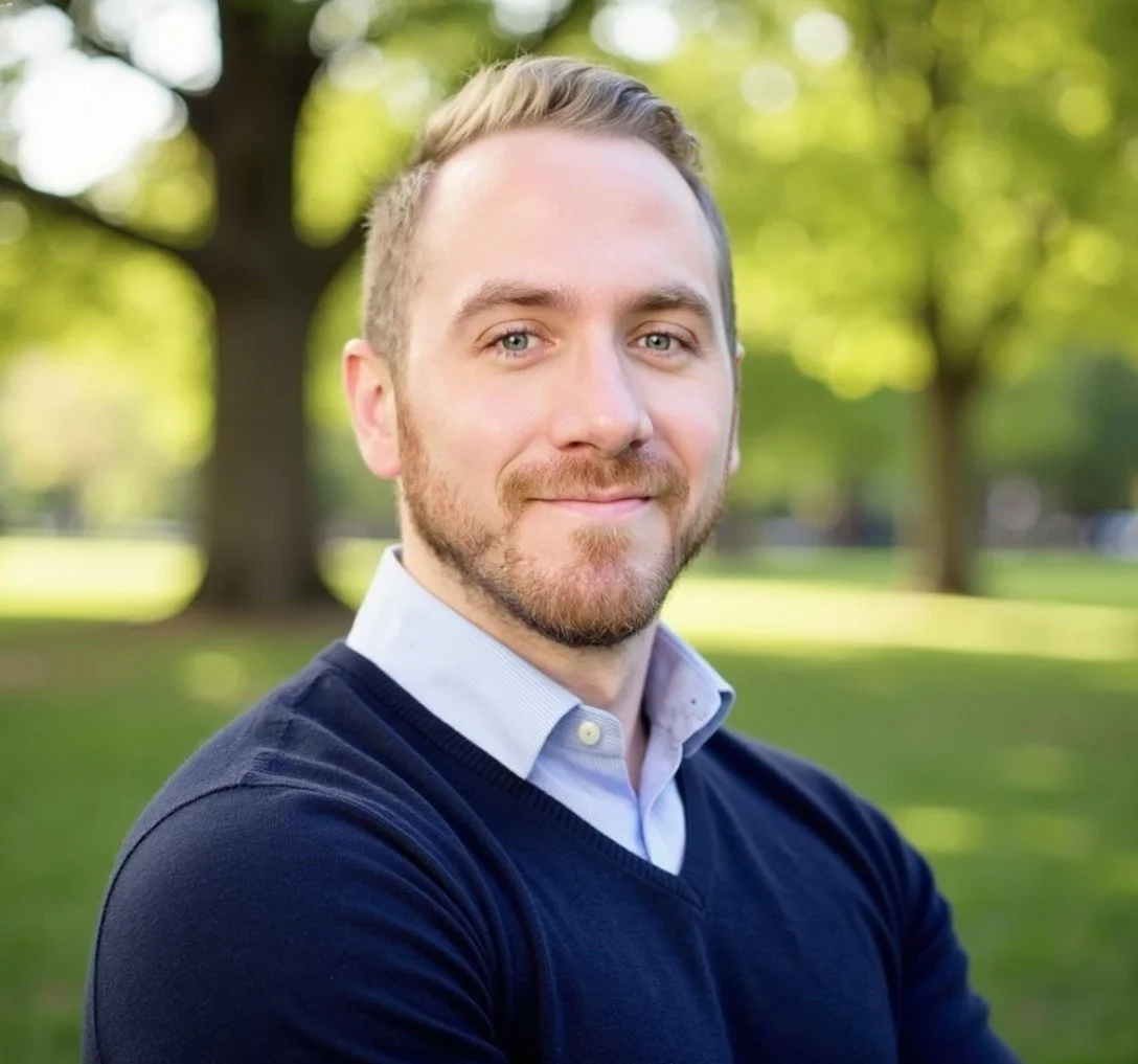 A young man with blonde hair and a beard smiling outdoors in a park with green trees in the background, wearing a light blue collared shirt and a navy blue sweater.