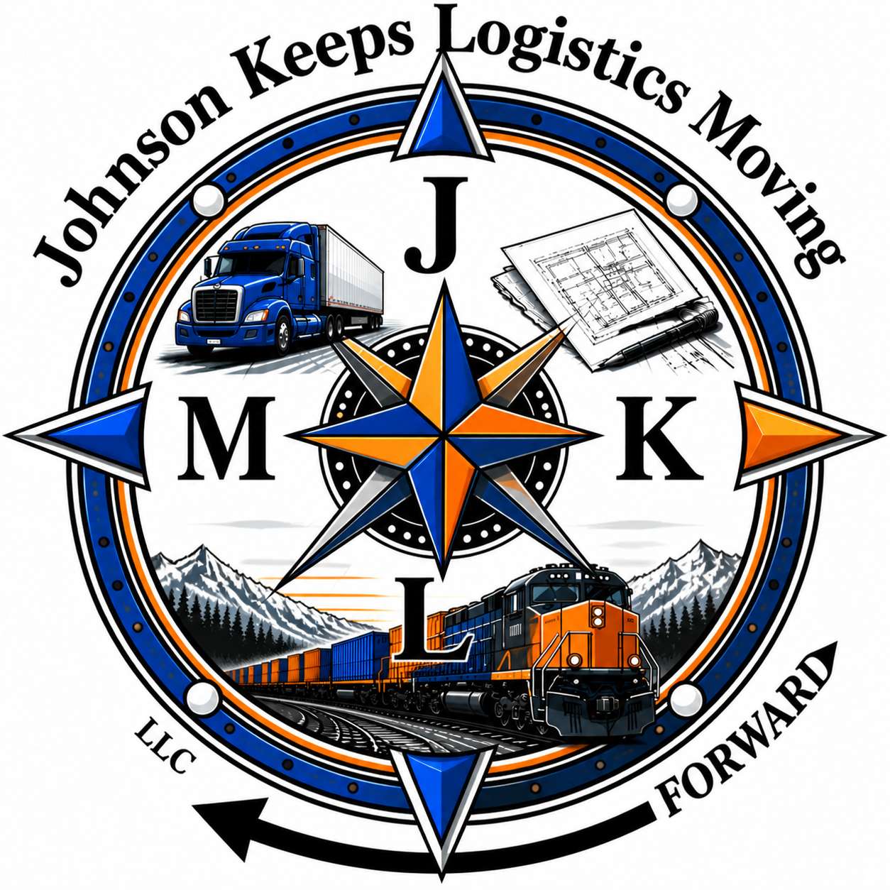 A logo for Johnson Keeps Logistics Moving featuring a central compass with blue and orange points. The logo includes illustrations of a blue semi-truck, a train, and rolled-up blueprints. The background shows mountains and a sunset. The company's name and
