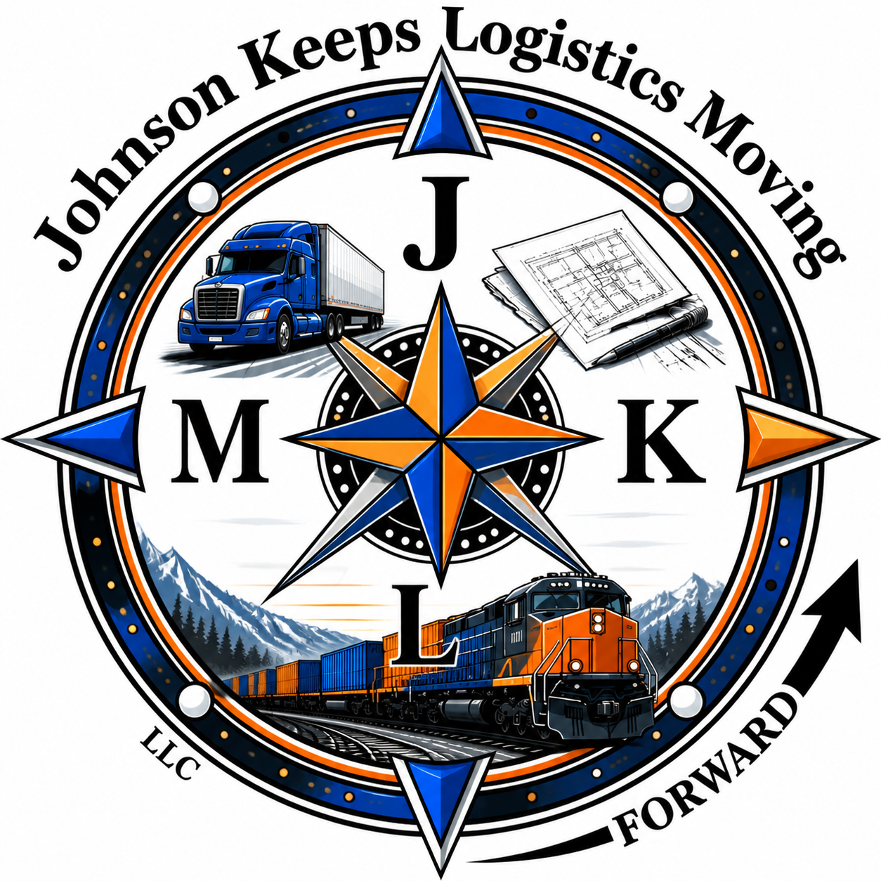 A logo for Johnson Keeps Logistics Moving features a compass rose at the center with transportation and logistics images, including a semi-truck, a freight train, and rolled blueprints, surrounded by mountains and an arrow pointing forward. The logo includes the text 'Johnson Keeps Logistics Moving' and the initials 'J', 'M', 'K', 'L'.