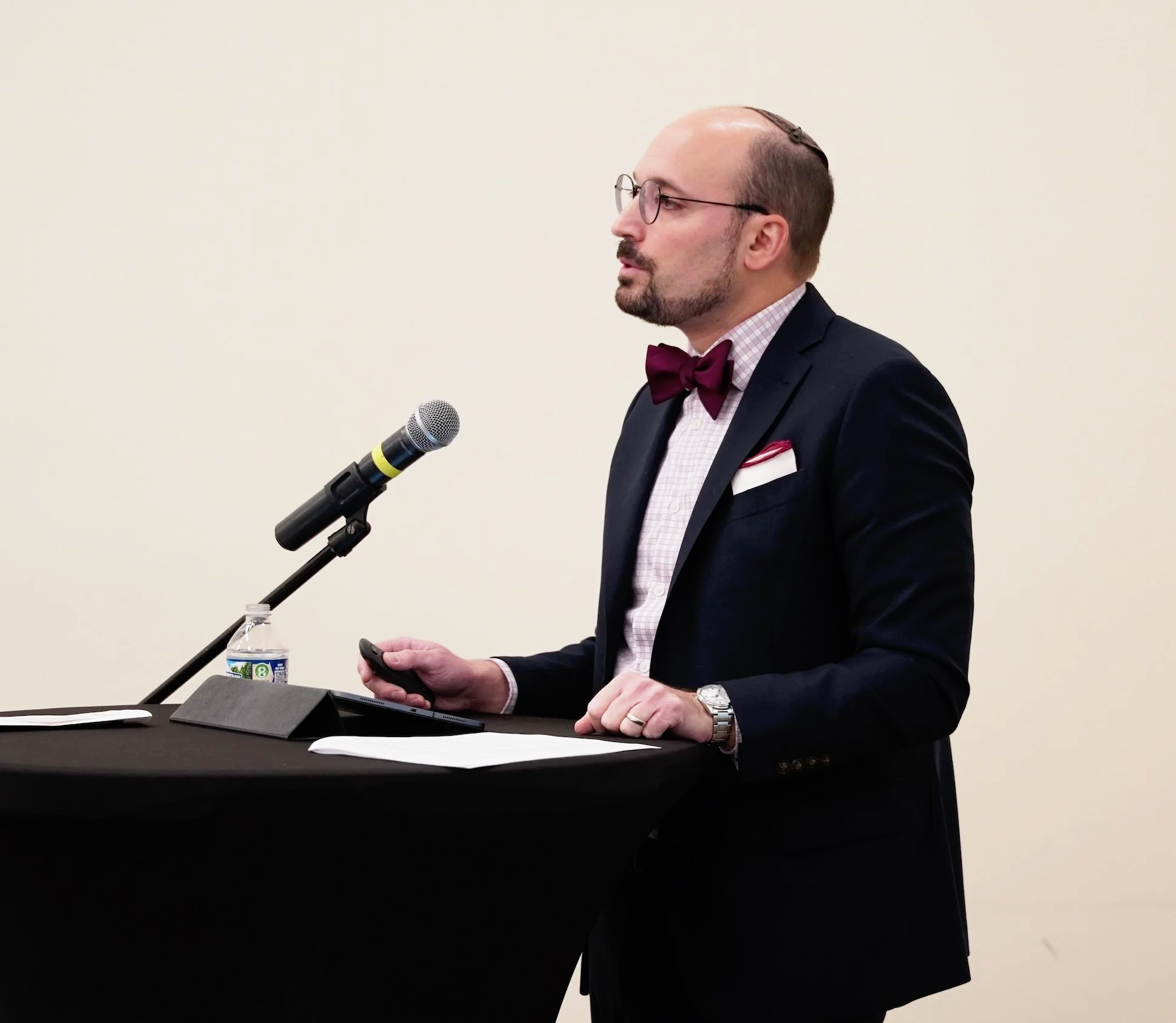 Ethan Schwartz speaking from a podium while delivering “Jewish-Christian Relations since October 7th: What’s Happening and Why It Matters,” The Rabbi Irving and Amy Frankel Memorial Lecture, in 2025.