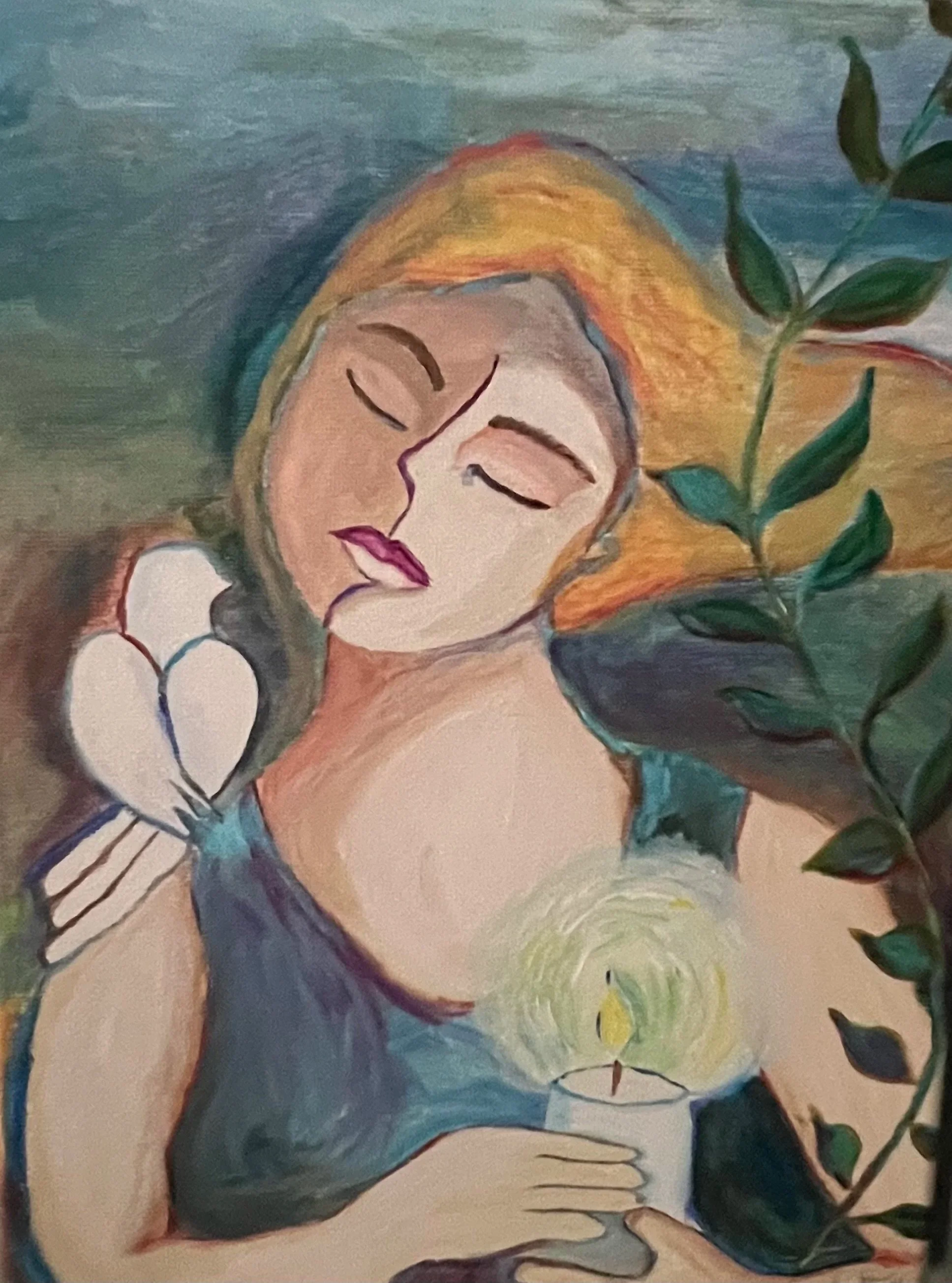 A painting of a woman with closed eyes, blonde hair, and wearing a dark top, with green leaves in the foreground.