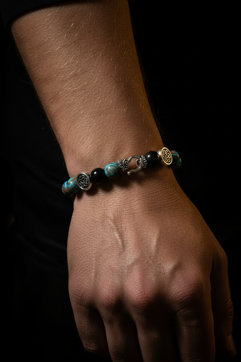 Bracelet artisanal de protection – Pierres naturelles et symboles celtiques
