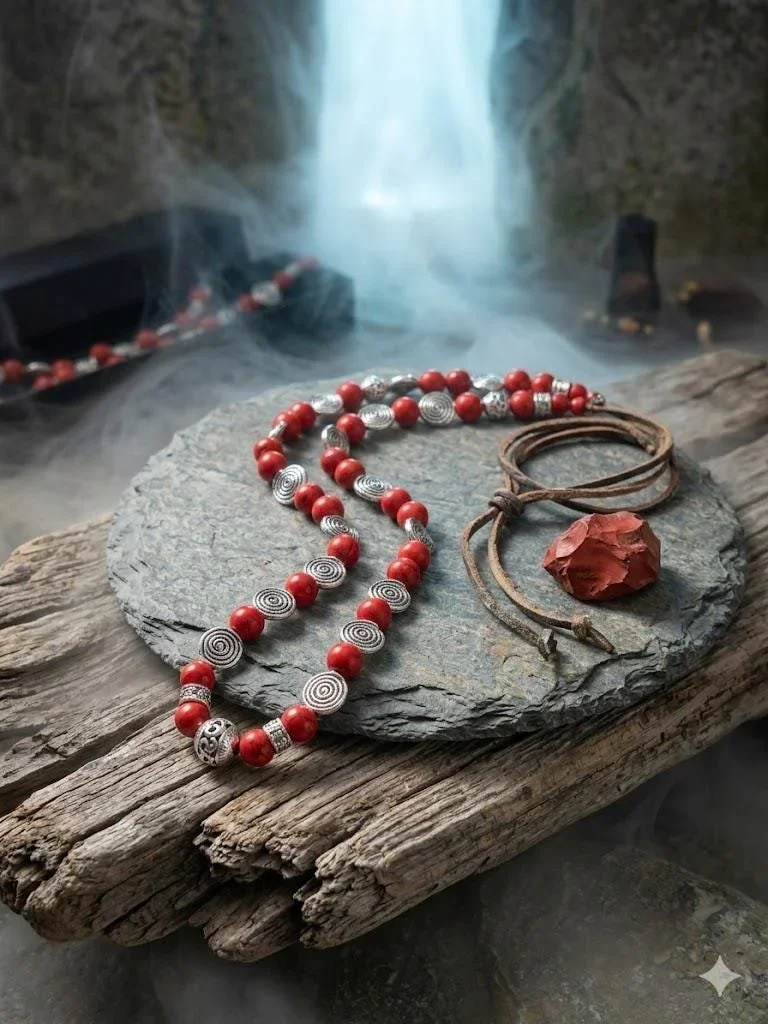 Collier Artisanale howlite teintée rouge et Argent, Bijou de Créateur Pierres Naturelles, Collier Chic Argentées, Cadeau Femme Unique