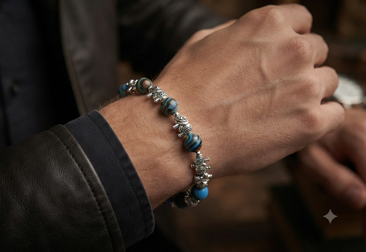 Bracelet artisanal Jaspe Zébré & Turquoise – Design Éléphant Mixte