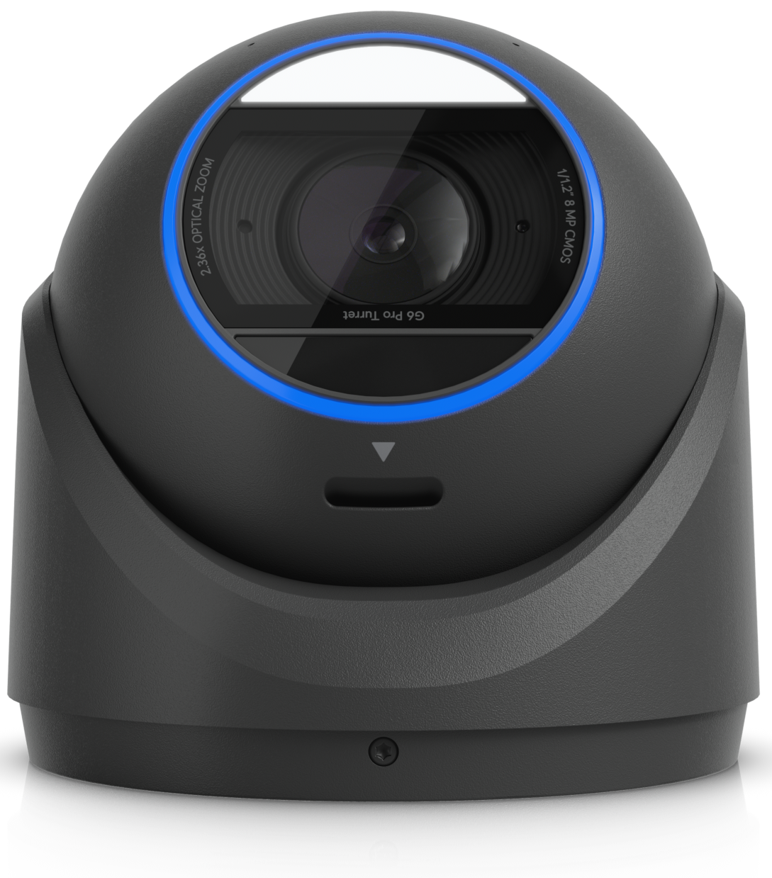 A black home security camera with a blue LED ring around the lens.