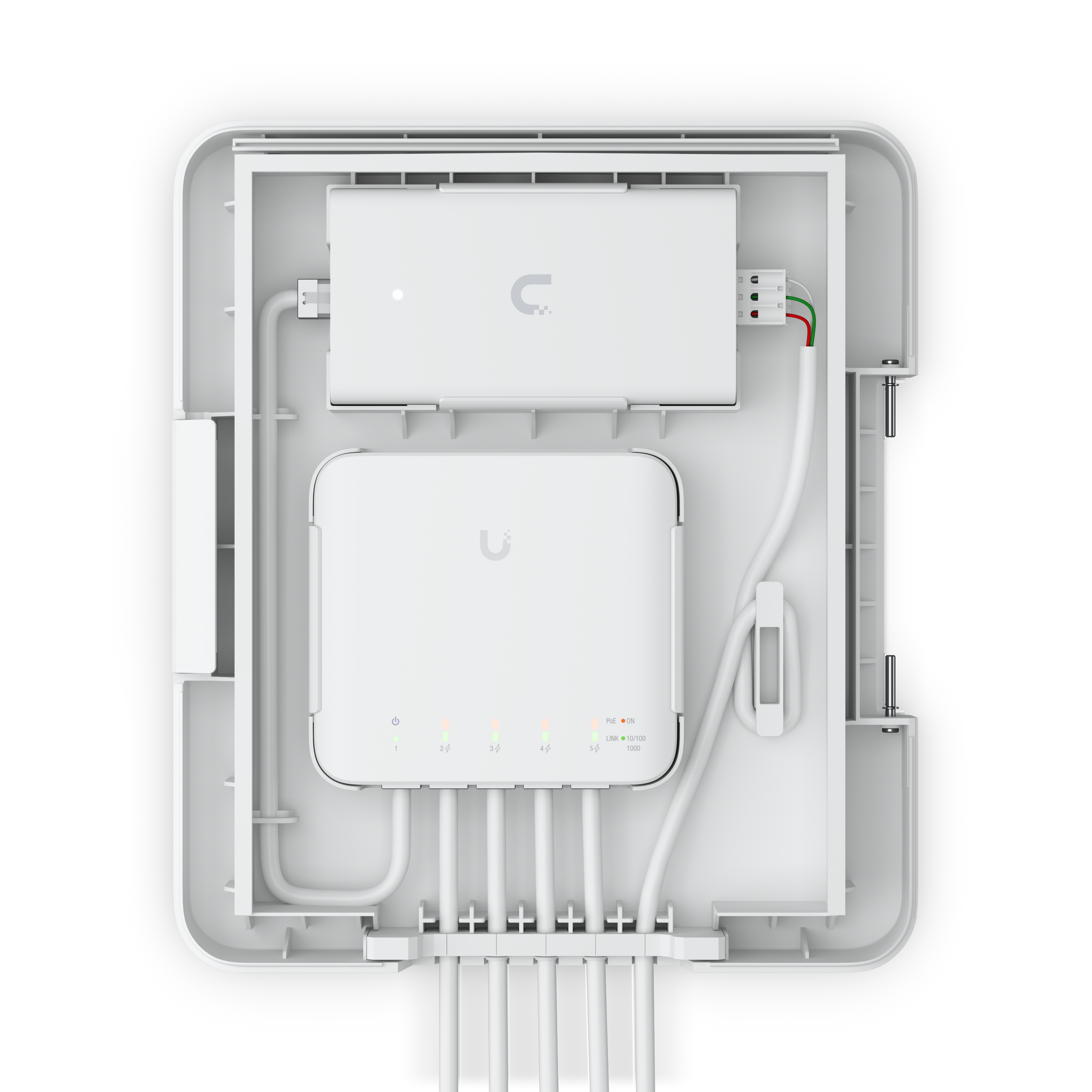 Top view of a white electronic device with cables connected to a port, interface lights, and symbols on it, against a black background.