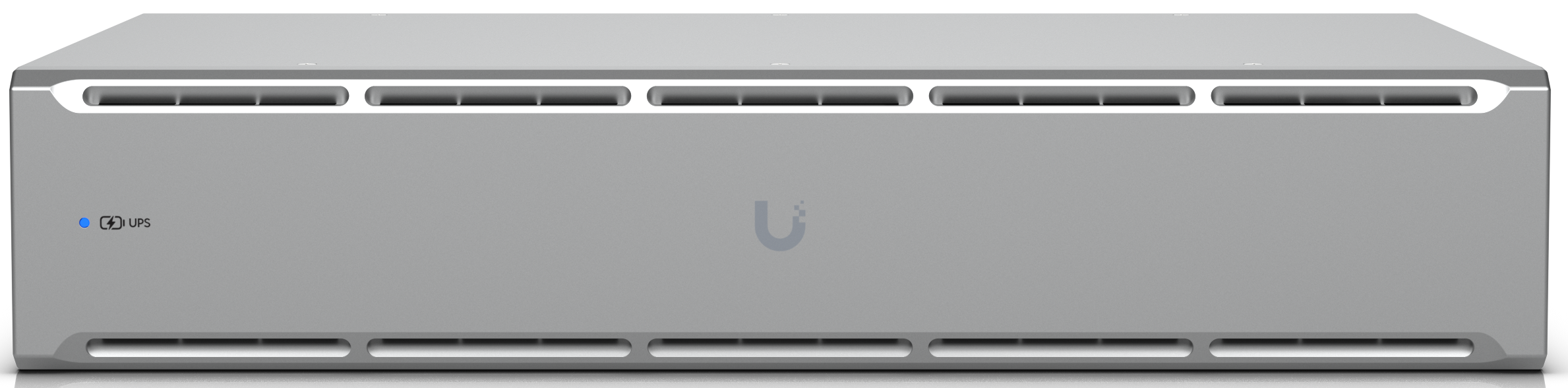 Front view of a silver UPS battery backup unit with ventilation slots and a blue power indicator light.