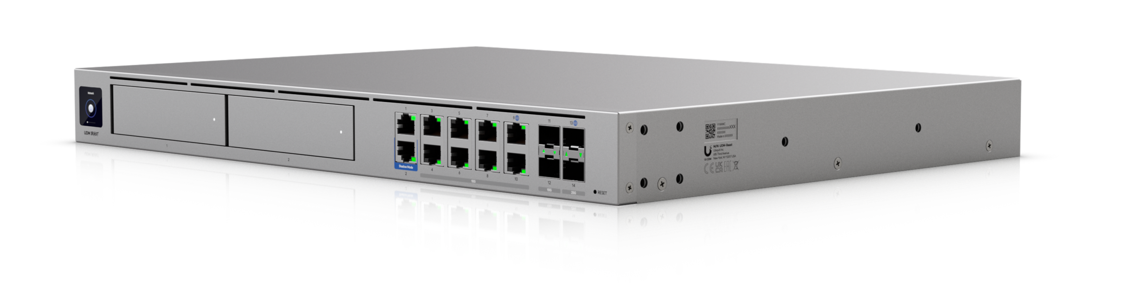 A Ubiquiti network switch or router with multiple Ethernet ports and indicator lights on a reflective surface.