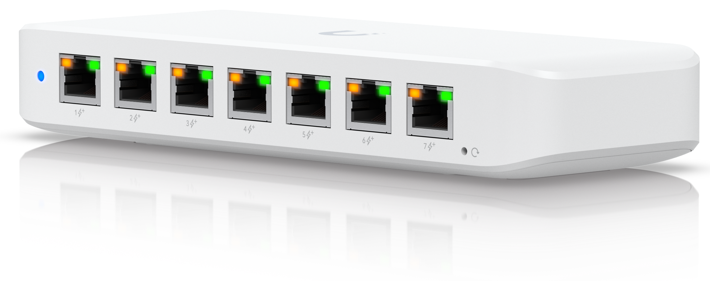 Six Ethernet ports on a white network switch with LED indicator lights, numbered 1 to 6, reflecting on a glossy surface.
