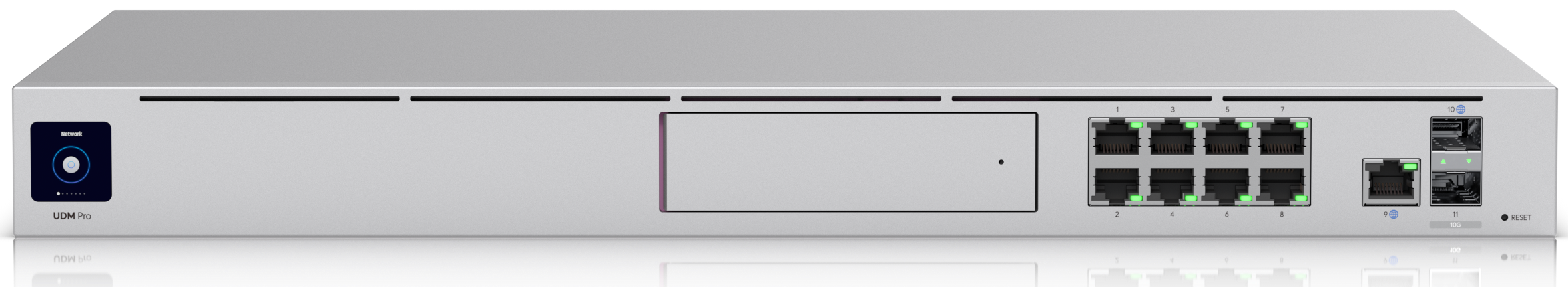 A Cisco UDM Pro network switch with multiple Ethernet ports, USB port, and reset button.