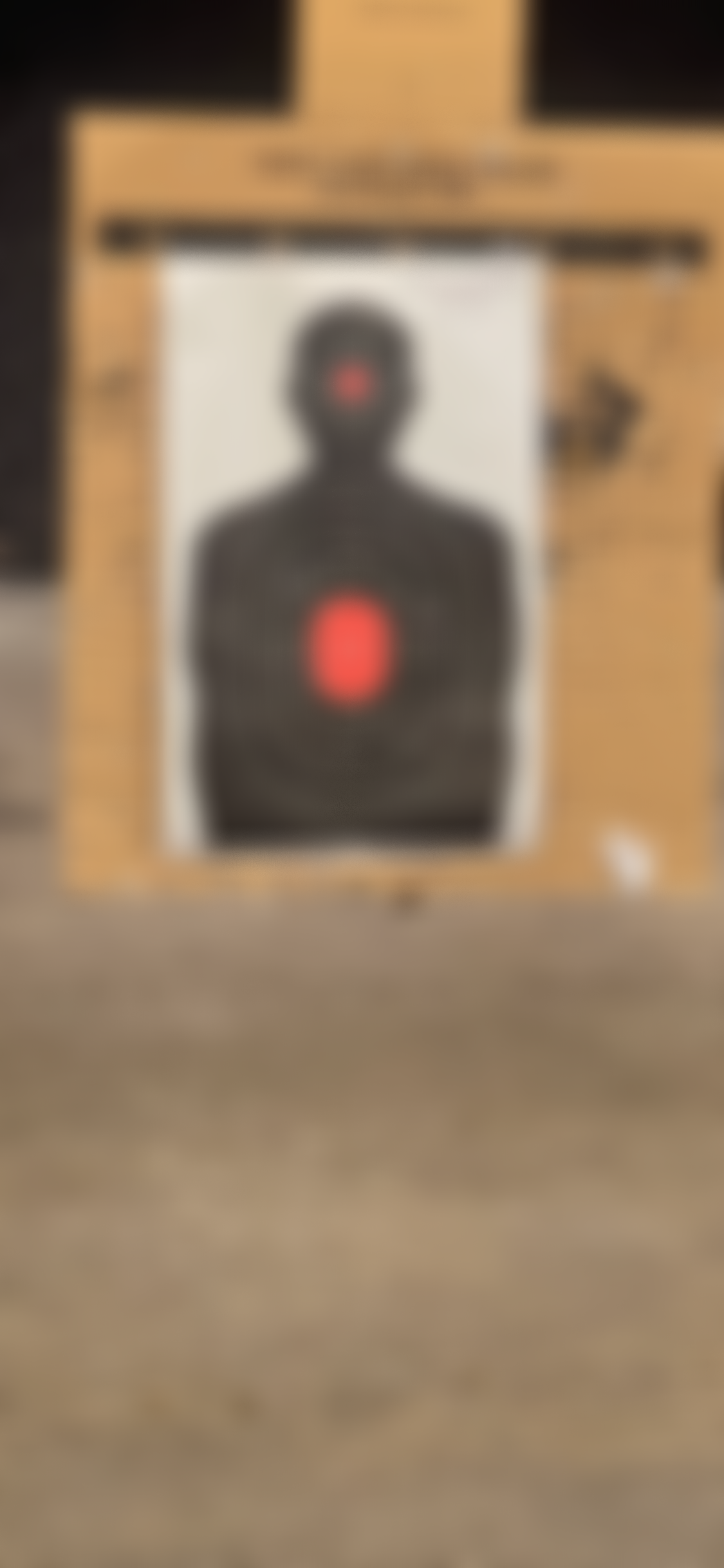 A blurred image of a black silhouette target with a red circle on the forehead and chest area, inside a cardboard box.