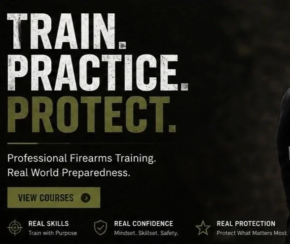 Text-based advertisement for firearm training courses with the words 'Train. Practice. Protect.' and a button labeled 'View Courses.'