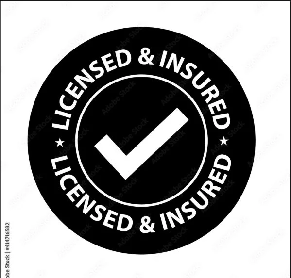 A black and white circular logo with the words 'Licensed & Insured' repeated around the edge and a checkmark in the center.