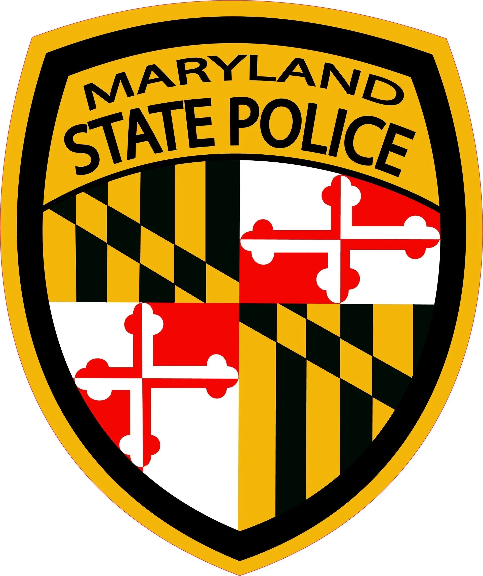 A crest with black, gold, and red sections. The black section has a checkered black and gold pattern. The red section features a white cross with four circles at the ends of each arm. The gold section at the top has the text 'MARYLAND STATE POLICE' in black.