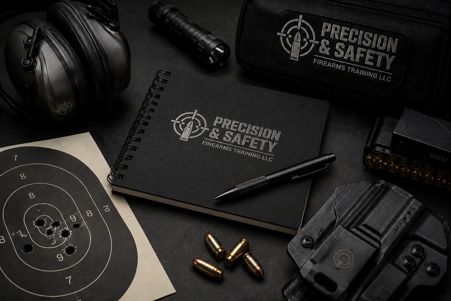 Gun safety training materials including a target with bullet holes, ear protection, a notebook with 'Precision & Safety', a pen, a box of bullets, and firearm accessories.