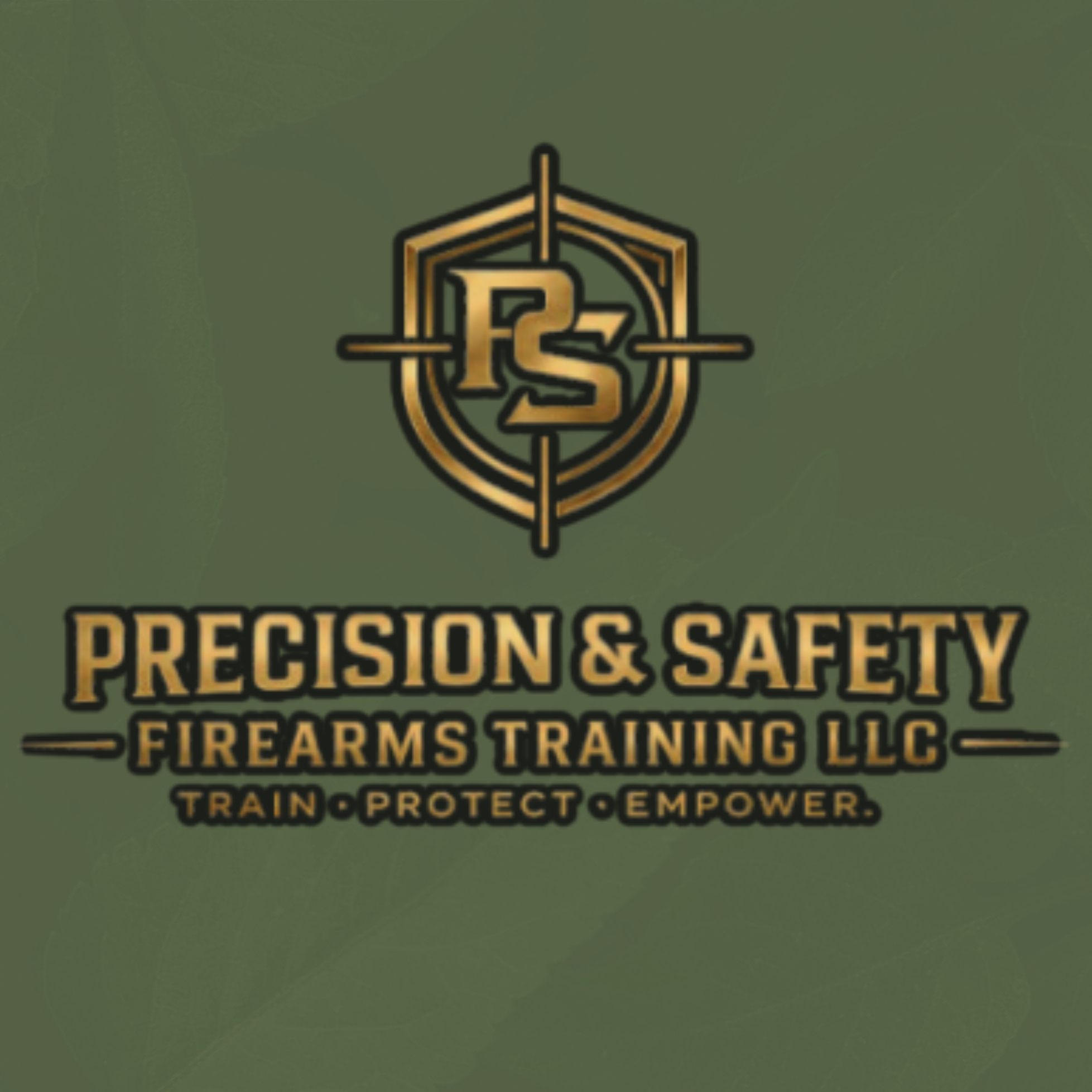 Logo for Precision & Safety Firearms Training LLC featuring a gun sight, shield, and gold lettering