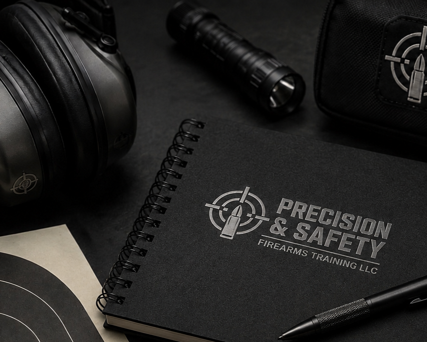 Black notebook with 'Precision & Safety Firearms Training LLC' logo on cover, surrounded by firearm safety gear including a black flashlight, radio, pen, and a target sheet with concentric circles on a dark surface.