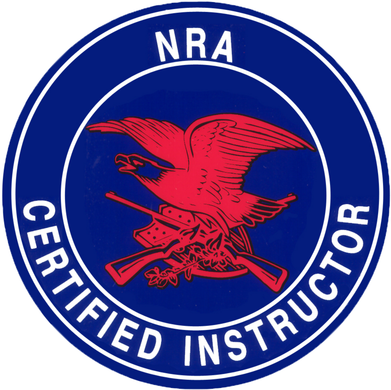 NRA Certified Instructor badge with a red eagle holding a rifle against a blue background.
