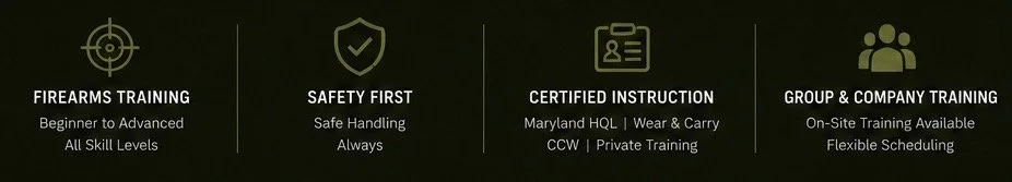 Icons and text promoting firearms training, safety first, certified instruction, and group & company training.