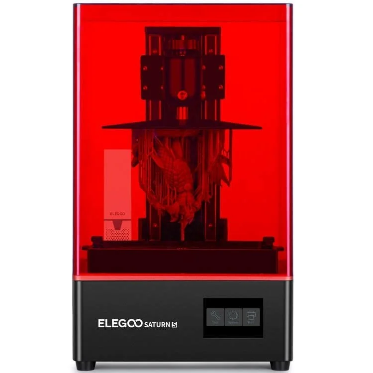 Elegoo Saturn S resin 3D printer with a red cover, displaying an unfinished print on the build plate.