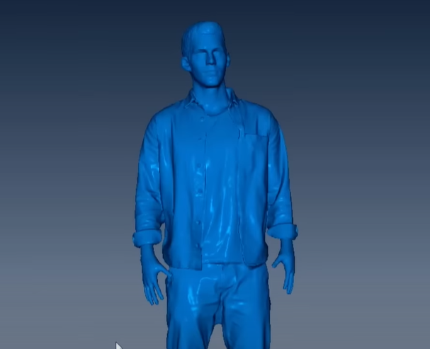 Blue 3D model of a standing person in a casual outfit on a gray background.