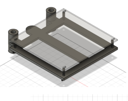3D model of a mechanical assembly with a rectangular base, elevated platform, and cylindrical supports.