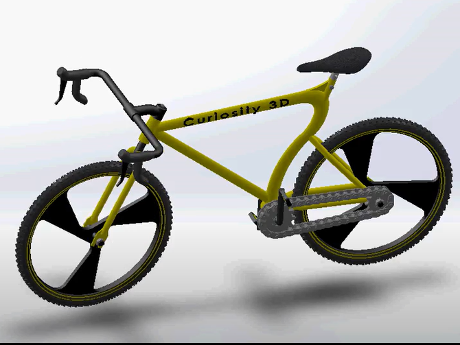 3D rendering of a yellow bicycle labeled 'Curiosity 3D' with black spoked wheels and handlebars, set against a light background.