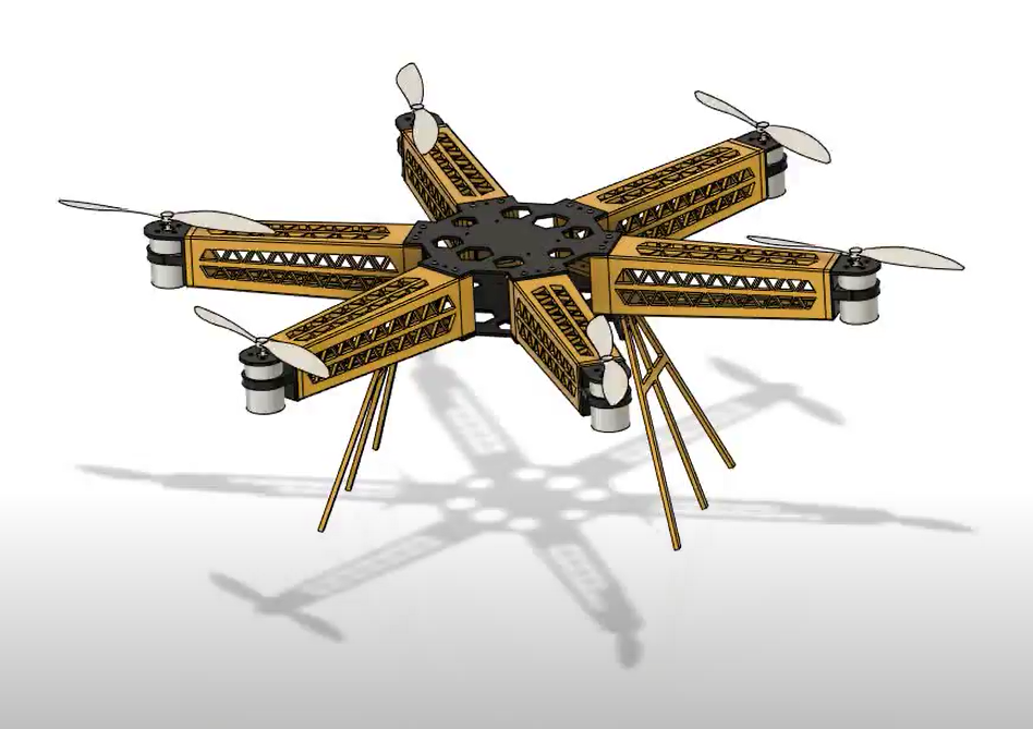 3D model of a hexacopter drone with wooden arms and propellers