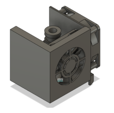 3D model of a fan assembly with a cover and mounting bracket