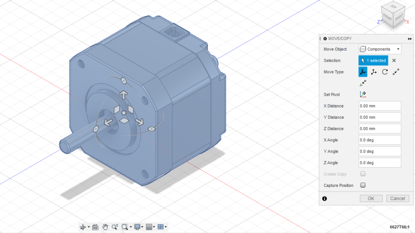 3D model of a stepper motor in CAD software with move/copy control panel.