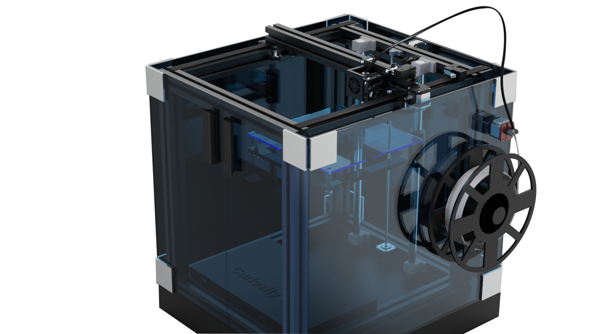 3D printer with filament spool, transparent casing