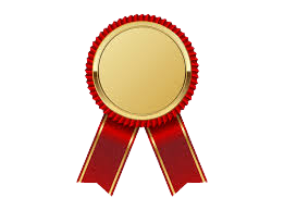 Gold medal with red ribbons