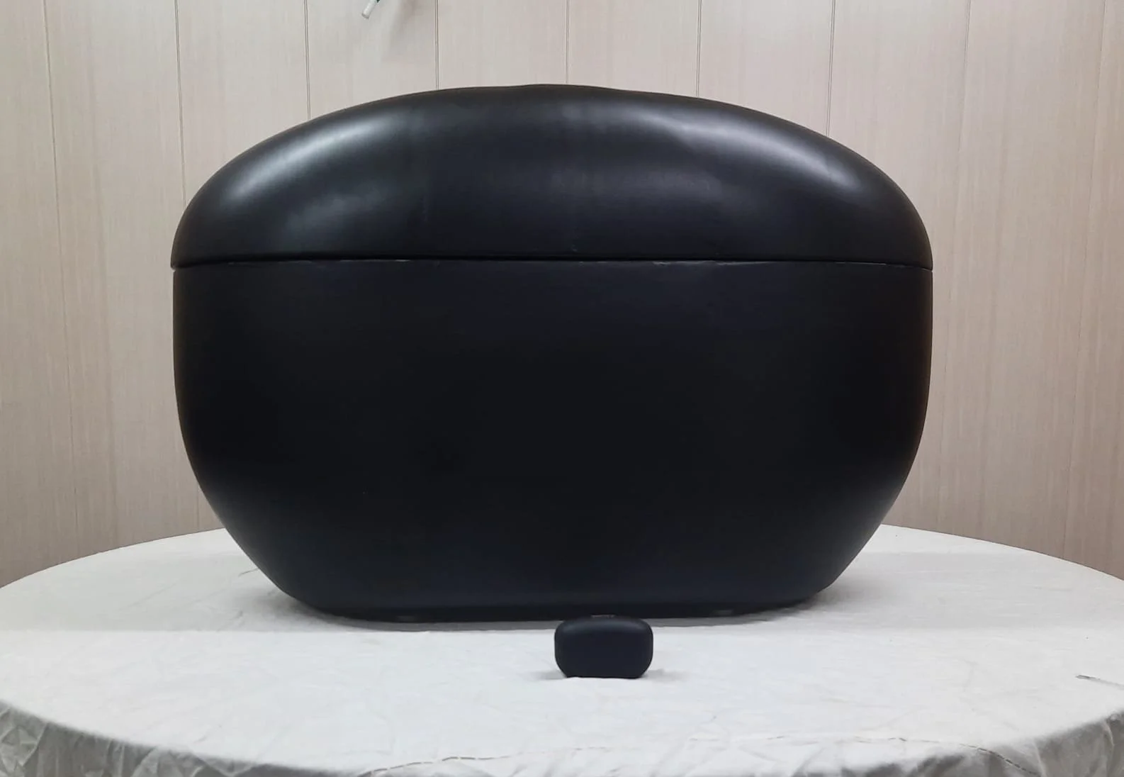 Large black ellipsoidal object on white surface with smaller black object in front.