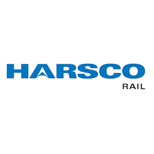 The image features the logo for HARSCO RAIL, with the word "HARSCO" in large blue and green text and "RAIL" in smaller black text beneath it.